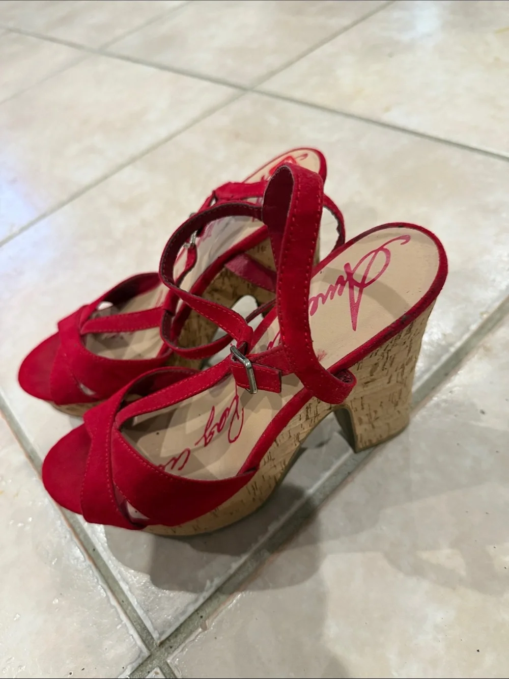 American rag Red Suede T-Strap Wedge Sandals size 7.5 @@@